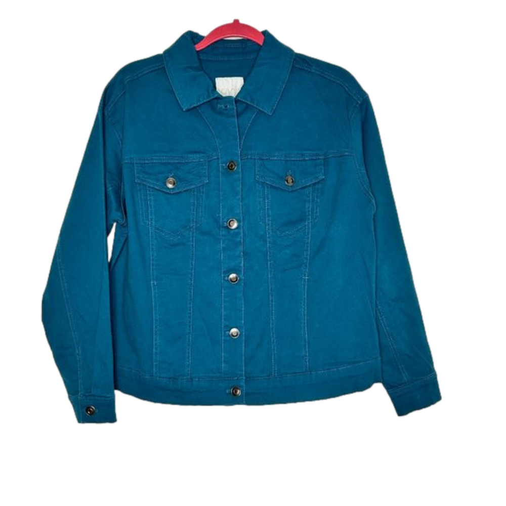 Wavvy Jacket Women Size M Teal Cotton Long Sleeve Pocket Collared Button Down